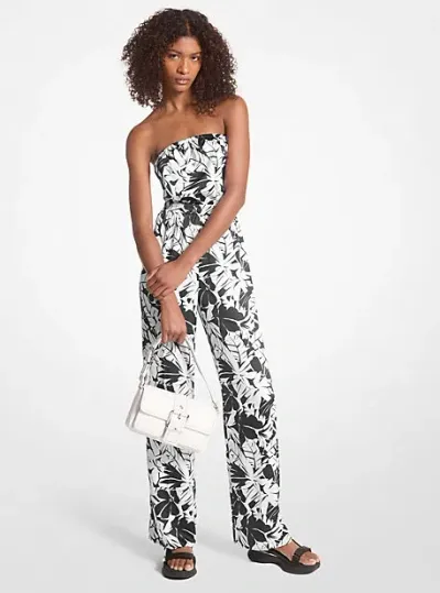 Michael Kors Palm Print Satin Tie-back Jumpsuit In Black