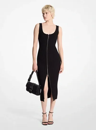 Michael Kors Ribbed Stretch Knit Zip Dress In Black