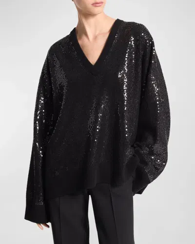 Michael Kors Sequined V-neck Cashmere Sweater In Black