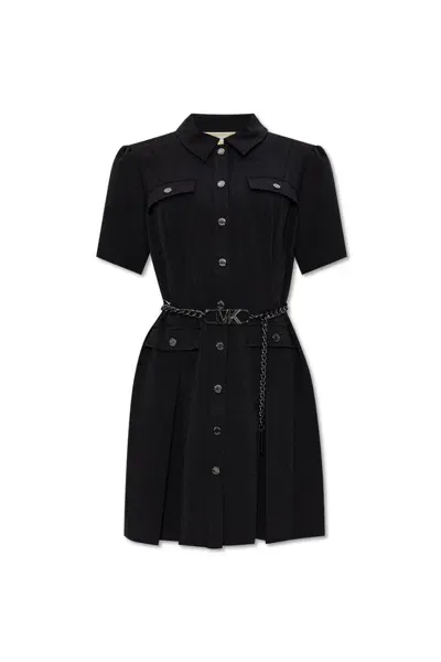 Michael Kors Stretch Crepe Belted Shirtdress In Black