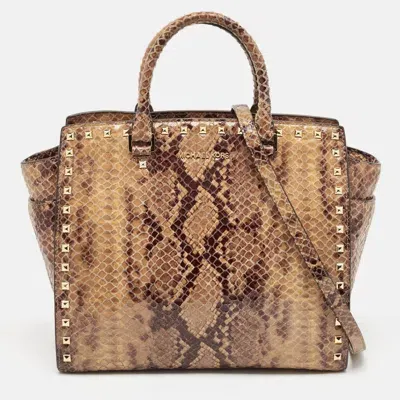 Pre-owned Michael Michael Kors Beige Snakeskin Embossed Leather Large Selma Tote