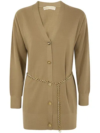 Michael Michael Kors Empire Chain Belt Cardigan In Dark Camel