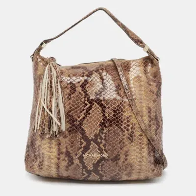 Pre-owned Michael Michael Kors Michael Kors Brown/black Python Embossed Patent Leather Tassel Hobo