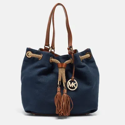 Pre-owned Michael Michael Kors Navy Blue/brown Canvas Marina Drawstring Tote