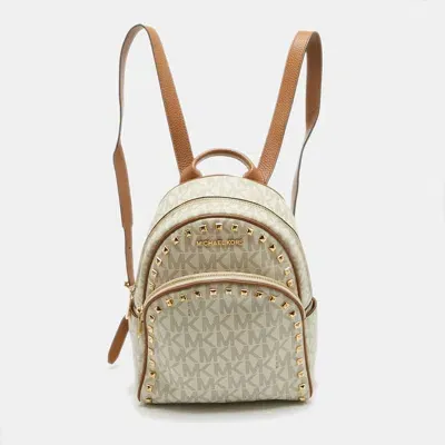 Pre-owned Michael Michael Kors Off White Signature Coated Canvas Studded Abbey Backpack