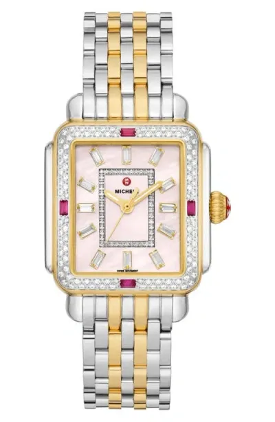 Michele Deco Diamond & Ruby Watch Head & Bracelet, 33mm In Two-tone/country Rose