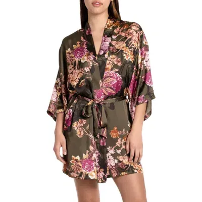 Midnight Bakery Floral Print Satin Robe In Green