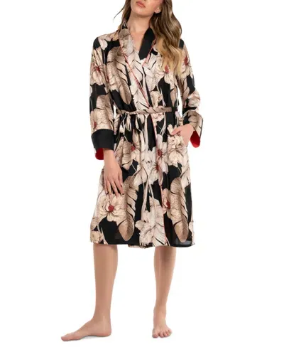 Midnight Bakery Floral Satin Wrap Robe In Black