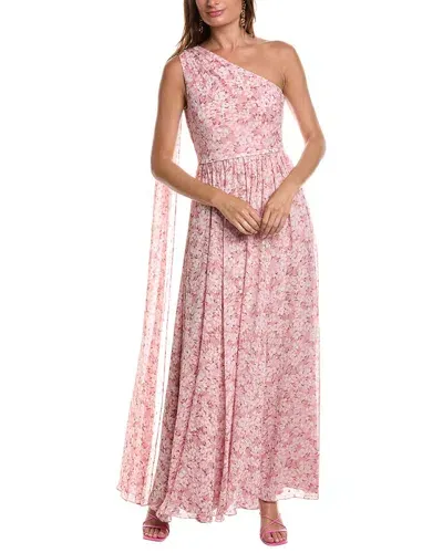 Mikael Aghal One-shoulder Floral-print Chiffon Maxi Dress In Pink