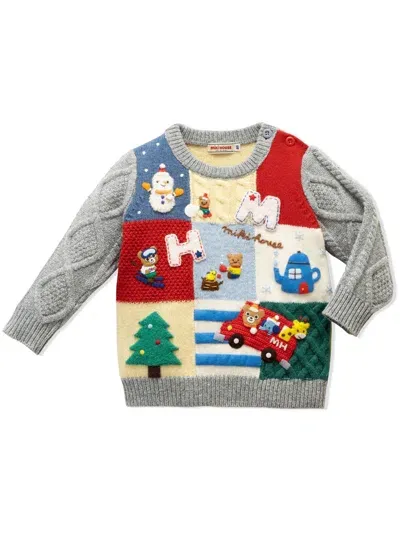 Miki House Kids' Animal Friends Patchwork Knitted Jumper In Grey