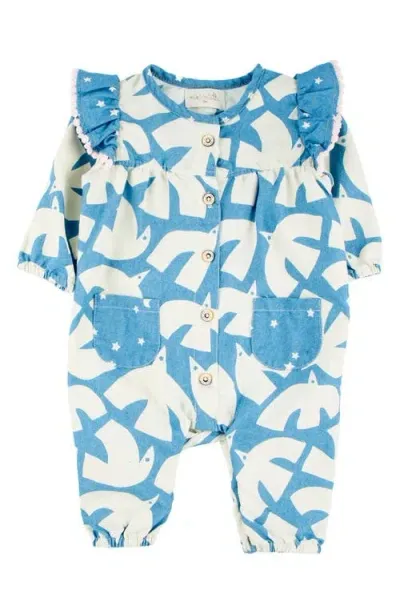 Miki Miette Babies'  Ada Bird Print Cotton Ruffle Romper In Nordic Sky