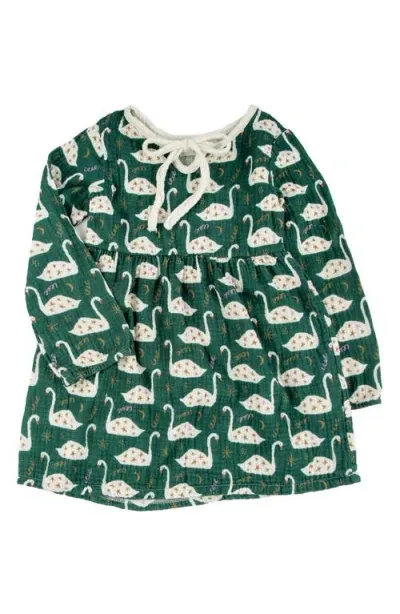 Miki Miette Babies'  Lizzy Swan Print Long Sleeve Cotton Dress In Swan Lake