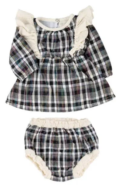 Miki Miette Babies'  Plaid Ruffle Accent Long Sleeve Cotton Dress & Bloomers In Symphony