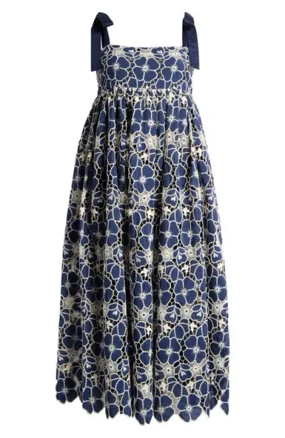 Mila Mae Embroidered Tie Strap Sleeveless Midi Dress In Navy Ivory