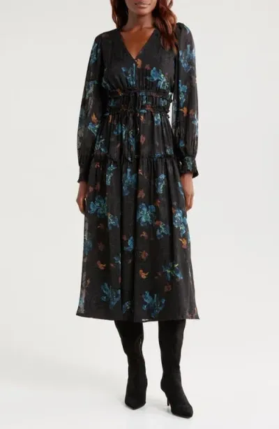 Mila Mae Floral Tiered Long Sleeve Tie Detail Midi Dress In Black Multi Floral