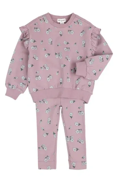 Miles The Label Babies'  Poinsettia Elderberry Print Fleece Sweatshirt & Leggings Set In Dusty Purple