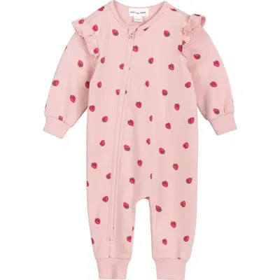 Miles The Label Babies'  Strawberry Print Ruffle Cotton French Terry Romper In Pink Light