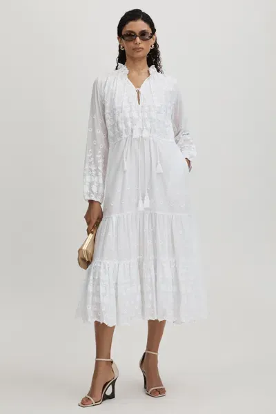 Mille 100% Cotton Tassel Midi Dress In White