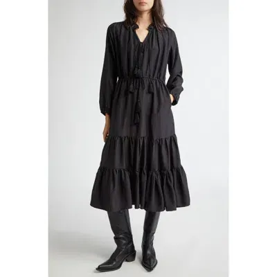 Mille Astrid Floral Long Sleeve Cotton Dress In Black Silk