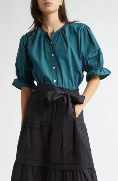 Mille Fayette Cotton Button-up Top In Emerald Poplin