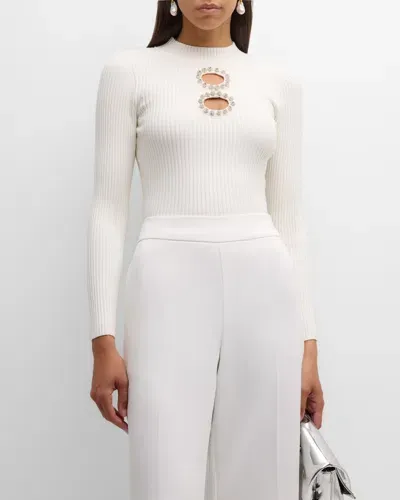 Milly Crystal-embellished Cutout Knit Top In Ecru