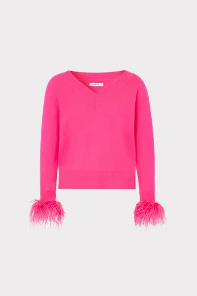 Milly Feather Cuff V-neck Long Sleeve Sweater In  Pink