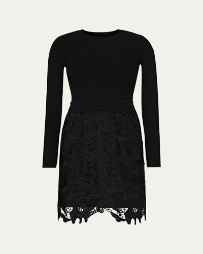 Milly Katie Ribbed Knit & Floral Lace Mini Dress In Black