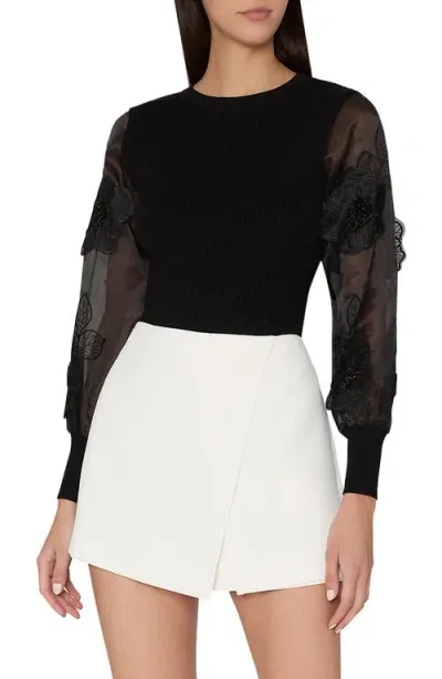 Milly Koda Floral Organza Sleeve Sweater In Black