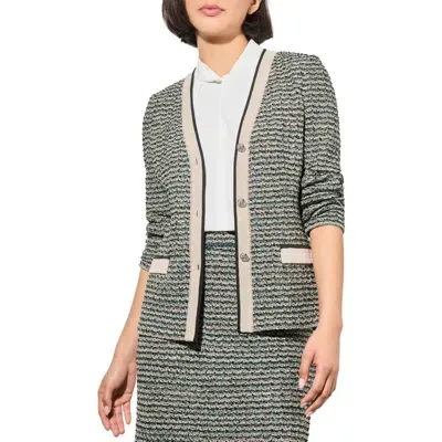 Ming Wang Contrast Trim Tweed Jacket In Green Tweed