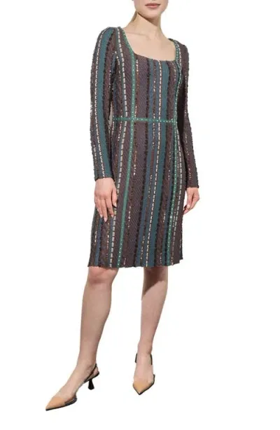 Ming Wang Multistitch Fringe Trim Long Sleeve Knit A-line Dress In Forest Multi