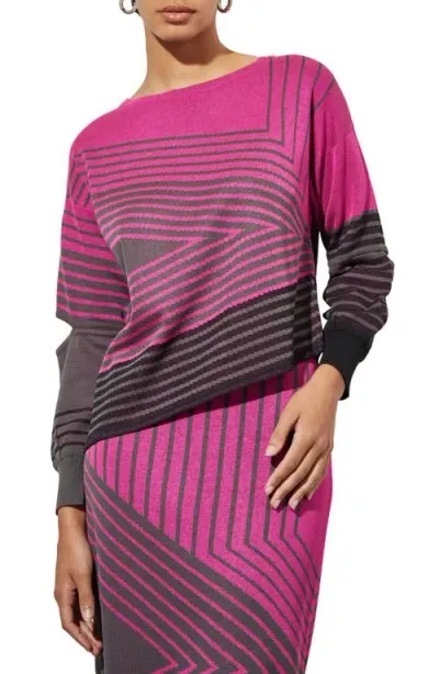 Ming Wang Stripe Asymmetric Split Sleeve Sweater In Mulberry/grey/black