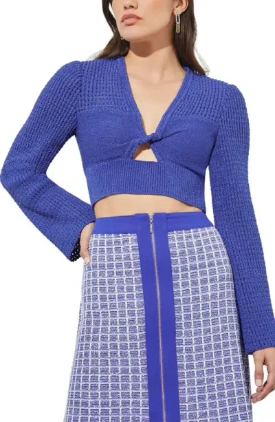 Ming Wang Twist Front Open Knit Crop Top In Sapphire Sea