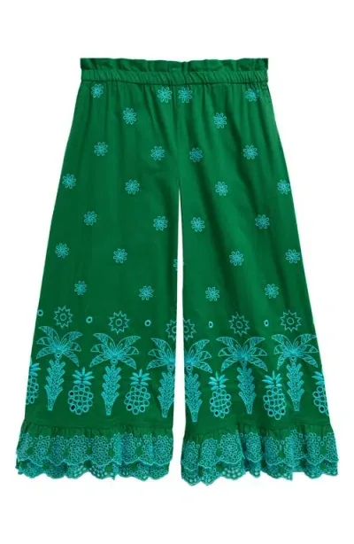 Mini Boden Kids' Broderie Wide Leg Pants In Highland Green