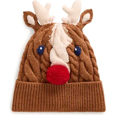 Mini Boden Kids' Festive Pompom Cable Knit Reindeer Beanie