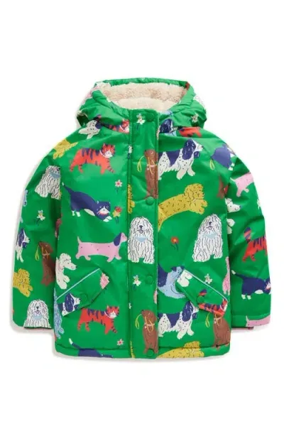 Mini Boden Kids' Pets Print Zip-up Hooded Puffer Jacket In Green Park Play