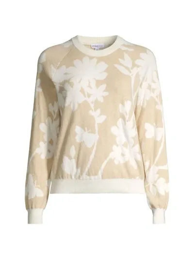 Minnie Rose Cotton Cashmere Long Sleeve Reversible Floral Crewneck Sweater In Brown Sugar Starch