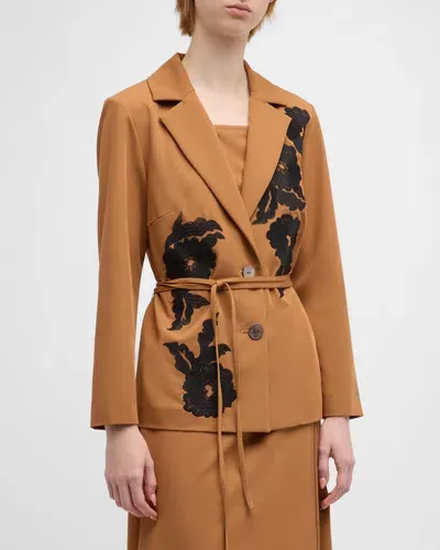 Misook Floral-embroidered Tailored Twill Jacket In Copper/black