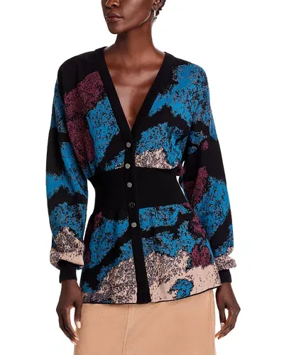 Misook Jacquard Knit Cardigan In Tidal Teal/black/multi