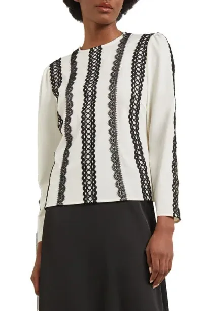 Misook Lace Applique Woven Blouse In New Ivory/black