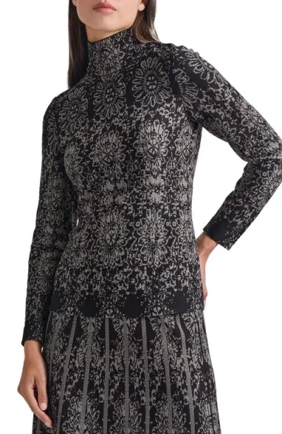 Misook Medallion Pattern Knit Mock Neck Tunic In Black/mink