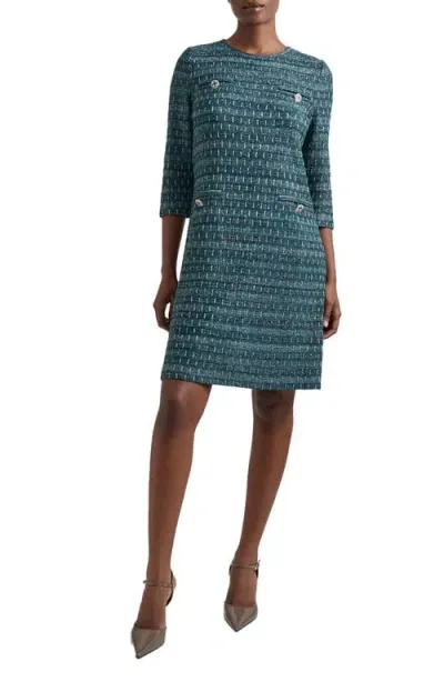 Misook Metallic Tweed Shift Sweater Dress In Spruce/black/new Ivory