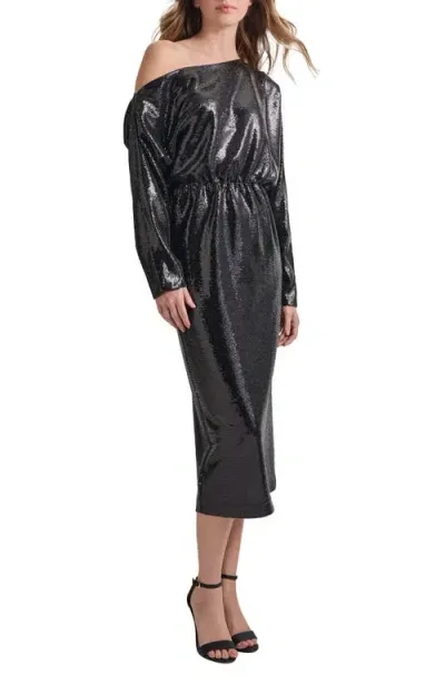 Misook Sequin Novelty One-shoulder Long Sleeve Dress In Black