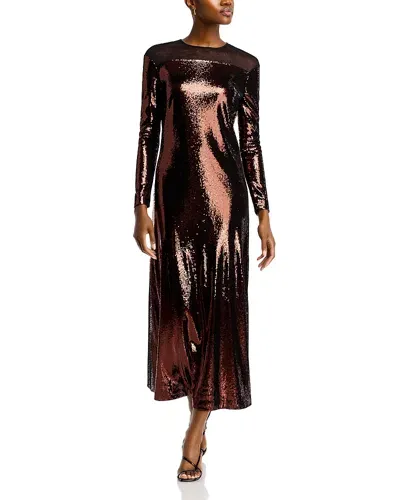 Misook Sequined Long Sleeve Dress In Mahogany