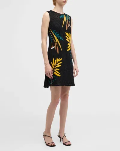 Misook Sleeveless Embroidered Knit Mini Dress In Black/ochre/multi