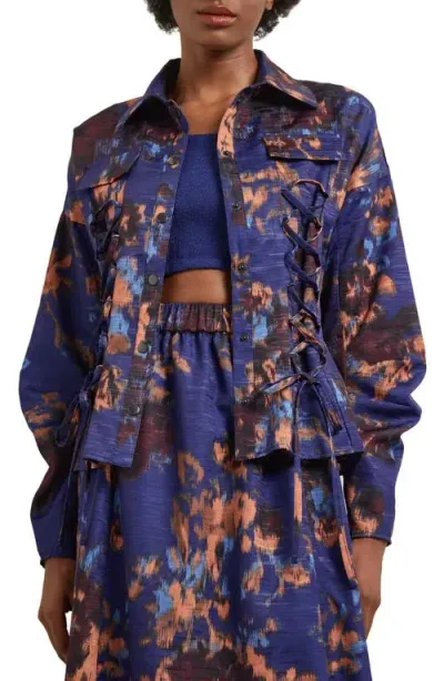 Misook Structured Corset Laced Woven Jacket In Starry Night Blue