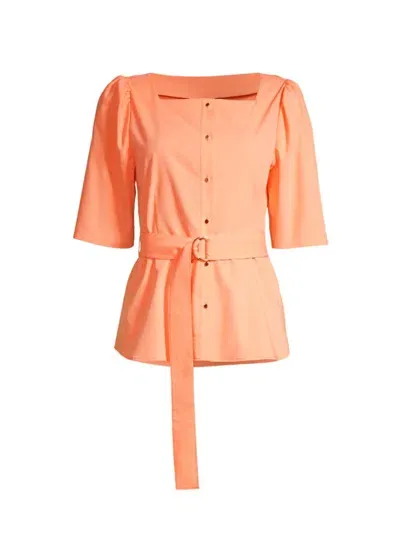 Misook Square Neck Button Front Blouse - Belted Faux Cupro Silk In Peach