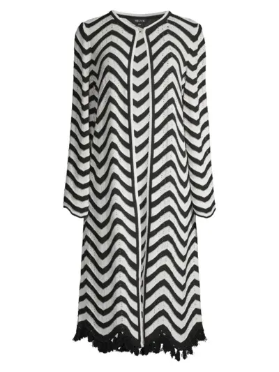 Misook Women's Intarsia Chevron & Fringe Jacket In Black White