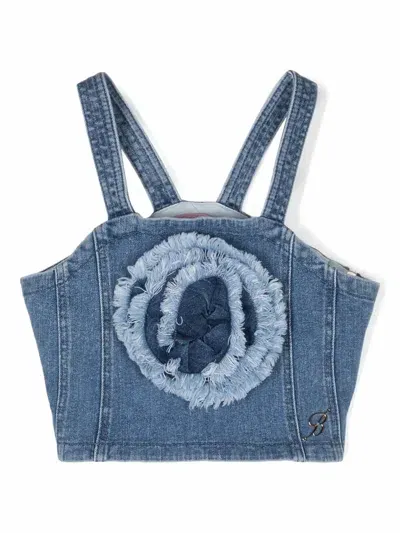 Miss Blumarine Kids' Denim Crop Top With Application In Blue