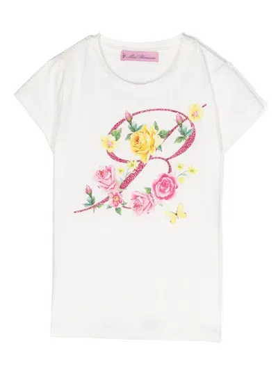 Miss Blumarine Floral-print Cotton T-shirt In Weiss