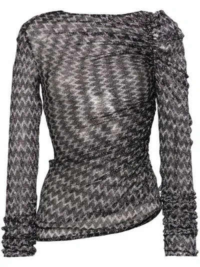 Missoni Chevron Lurex Gathered Long Sleeve Top In Black